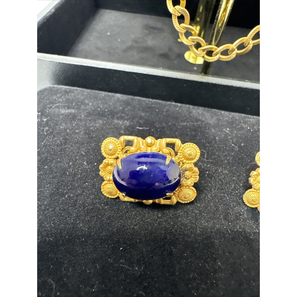 Vintage signed Miriam Haskell Gold Tone Lapis Necklace & Earrings - Picture 2 of 8